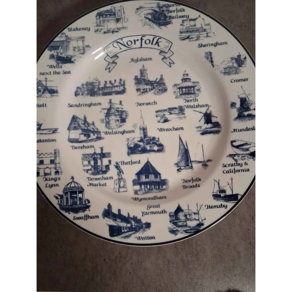 Norfolk China Blueware Souvenir Plate JC Ward England Blue White Transferware